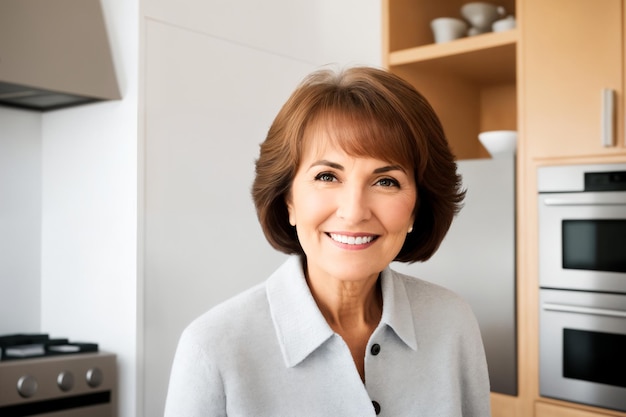 Beautiful senior mature woman preparing healthy food in kitchen