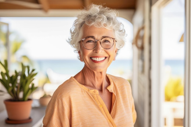 Beautiful senior mixed race woman in her sixties smiling expressing positivity confidence and joy