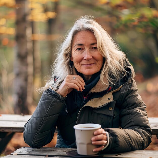 Beautiful Senior Woman Enjoying Autumn Outdoors Coffee