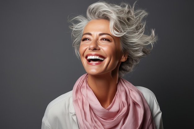 Beautiful senior woman portrait mid 50s laugh and looking at camera Female models beauty face care Cosmetology beauty and spa Created with Generative Ai Technology