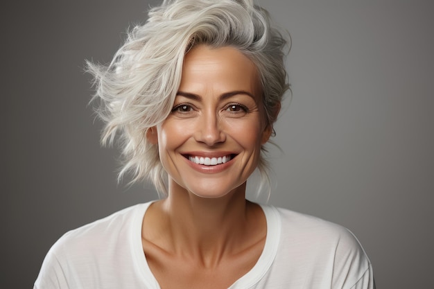 Beautiful senior woman portrait mid 50s laugh and looking at camera Female models beauty face care Cosmetology beauty and spa Created with Generative Ai Technology