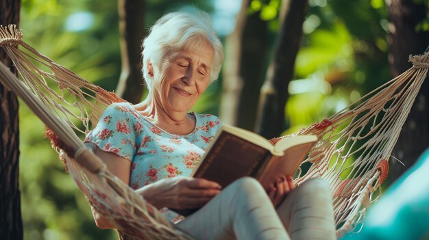 Beautiful senior woman reading a book while sitting in hammock outdoors