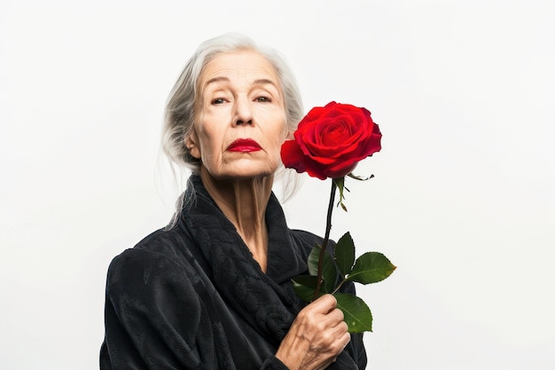 Photo beautiful senior woman with red lips holding a red rose isolated on white background