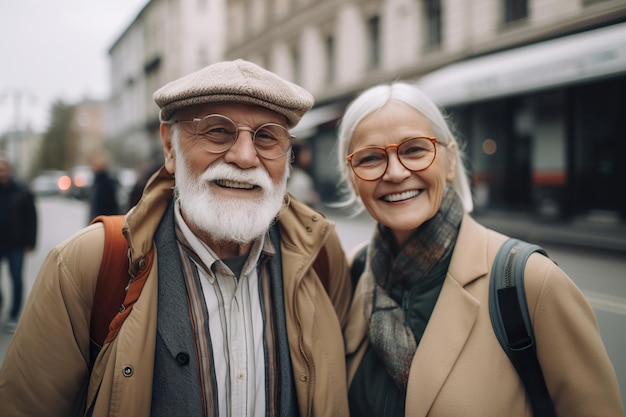 Beautiful seniors couple outdoors in the city Smiling old people Happy retirement Positive aging Pensioners are joying each other good mood Cool senior Portrait close up view Generative AI