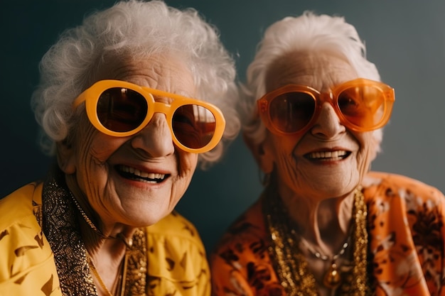 Beautiful seniors couple Smiling old women with trendy clothes Happy retirement Positive aging Pensioners are joying each other good mood Cool senior Portrait close up view Generative AI