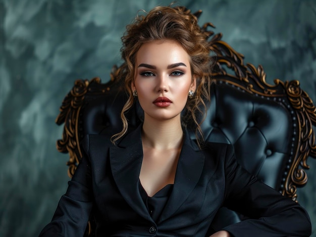 Photo beautiful sensual businesswoman sitting on the throne dramatic light studio photo