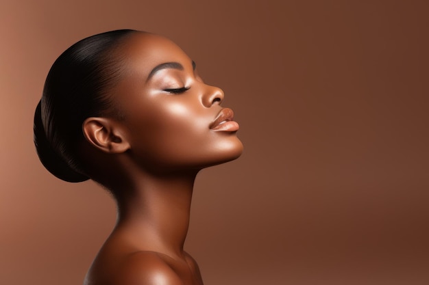 아름다운 감각적인 섹시한 젊은 흑인 아프리카 민족 여성 모델이 갈색 배경에 을 만지는 측면 얼굴을 포즈하고 있습니다.