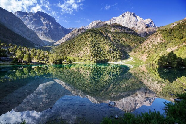 Beautiful serene lake in  Fanns mountains (branch of Pamir) in Tajikistan.