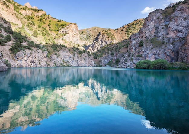 Beautiful serene lake in  Fanns mountains (branch of Pamir) in Tajikistan.