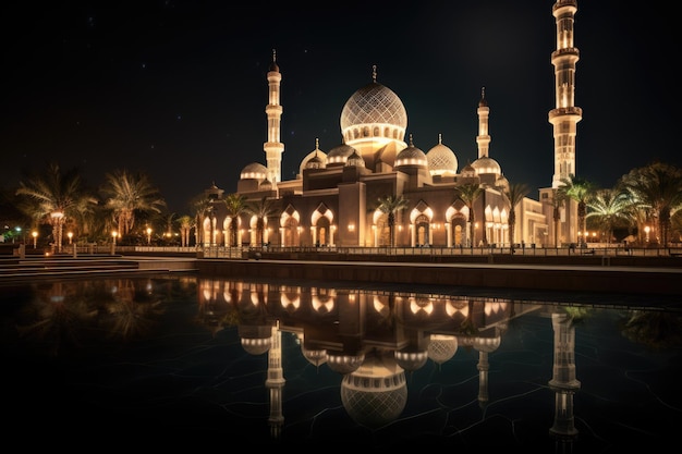 The beautiful serene mosque at night The beautiful serene mosque at night in the blessed month of Ramadan AI generated