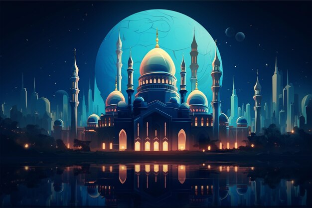 Прекрасная спокойная мечеть ночью в блаженстве