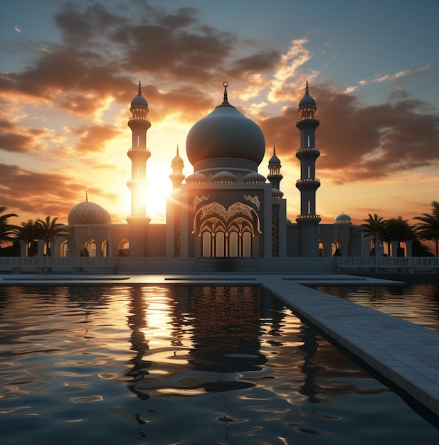 The beautiful serene mosque at night in the blessed jummah mubarak the illuminated generative ai