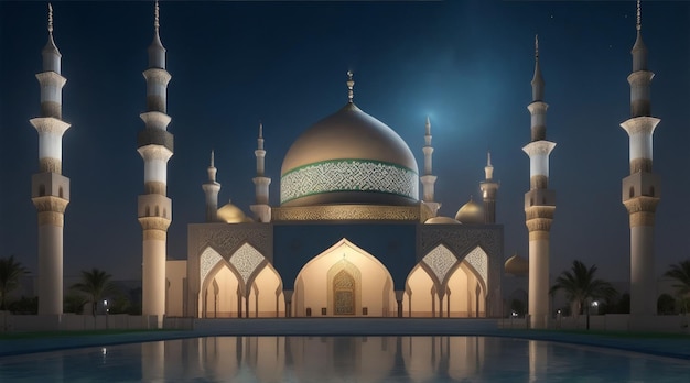 The beautiful serene mosque at night in the blessed month of ramadan the illuminated by Generative AI