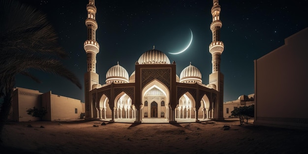 The beautiful serene mosque at night in the blessed month of ramadan the illuminated generative ai