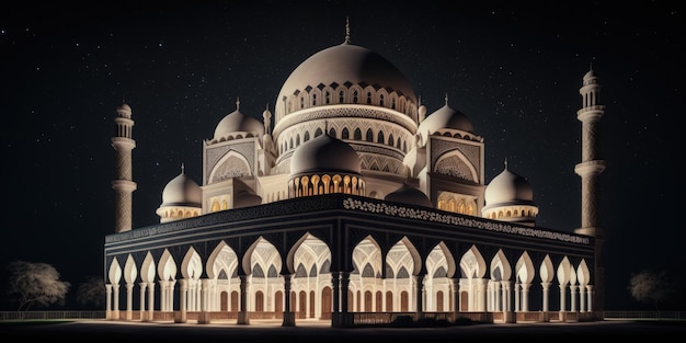 The beautiful serene mosque at night in the blessed month of ramadan the illuminated generative ai