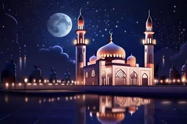 The beautiful serene mosque at night in the blessed month of ramadan the illuminated generative ai