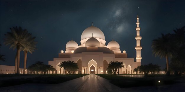 the beautiful serene mosque at night in the blessed month of ramadan the illuminated