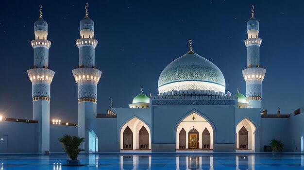 The beautiful serene mosque at night in the blessed month of ramadan the illuminated