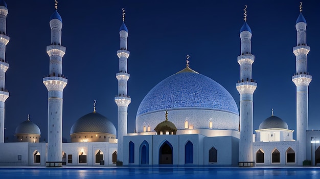 The beautiful serene mosque at night in the blessed month of ramadan the illuminated