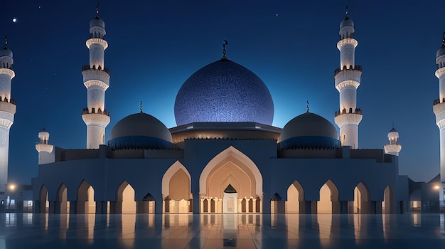 The beautiful serene mosque at night in the blessed month of ramadan the illuminated