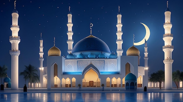 ラマダンの祝福された月の夜の美しい静かなモスク、ライトアップ