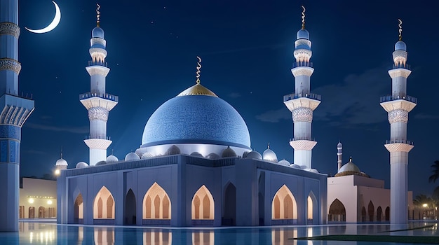 The beautiful serene mosque at night in the blessed month of ramadan the illuminated