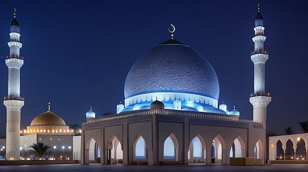 The beautiful serene mosque at night in the blessed month of ramadan the illuminated