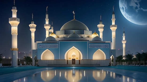 The beautiful serene mosque at night in the blessed month of ramadan the illuminated