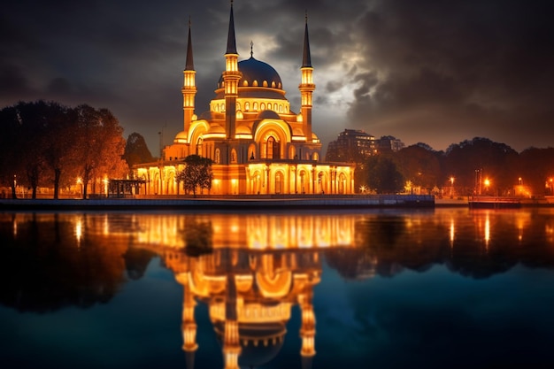 The beautiful serene mosque at night in the blessed