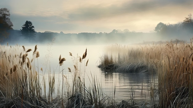 Прекрасная спокойная природа с речной тростниковой туманом