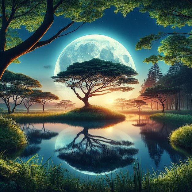 Photo a beautiful serene scene of a tree with a full moon rising over it creates a captivating view