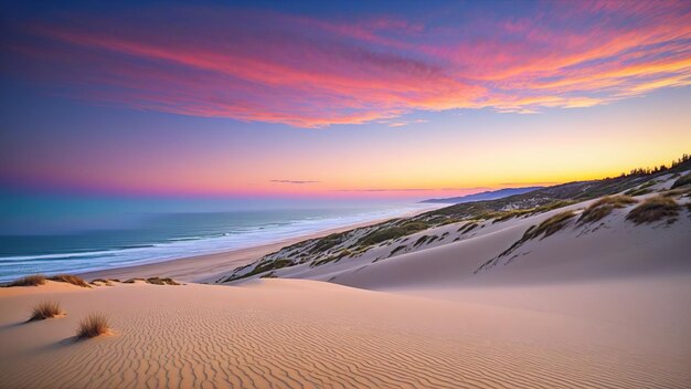 Beautiful serenity dunes at the beach Sunset view over ocean from white sandy dunes with pastel