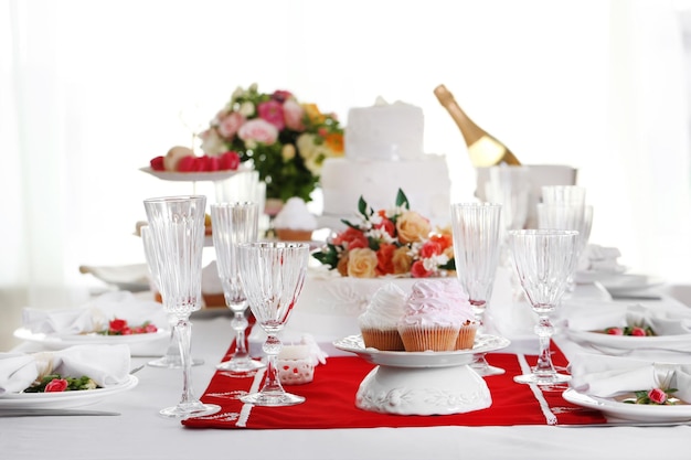 Beautiful served table for wedding or other celebration in restaurant