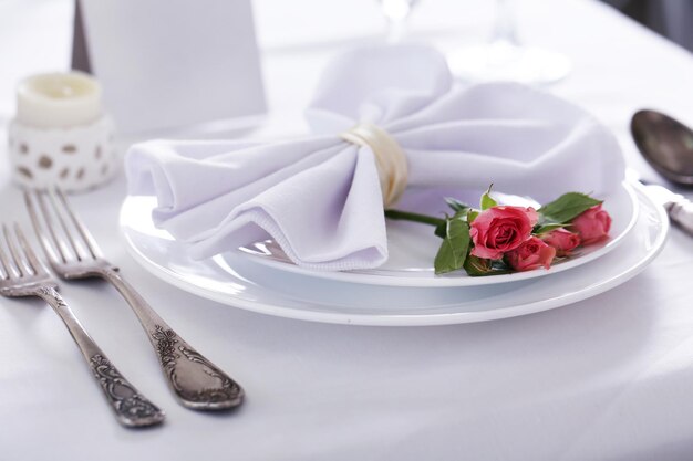 Beautiful served table for wedding or other celebration in restaurant