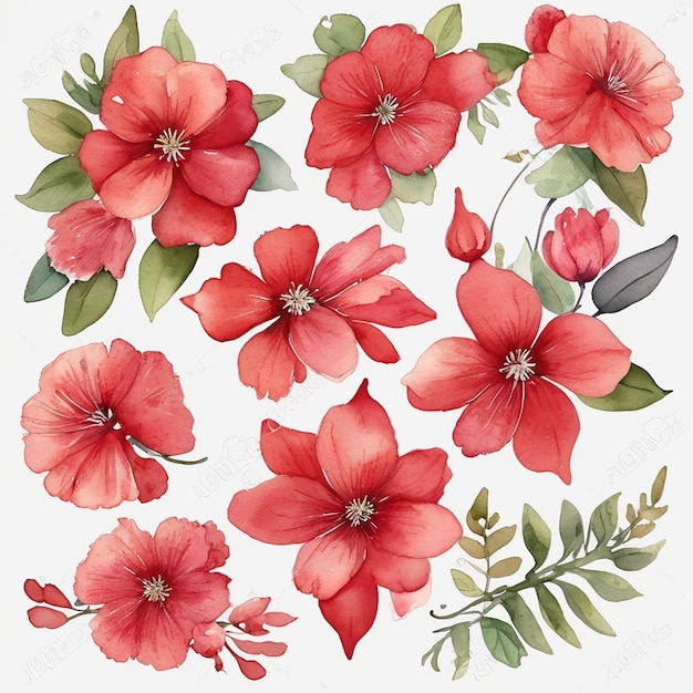 Beautiful set of bouquet of watercolor flowers and leaves background design