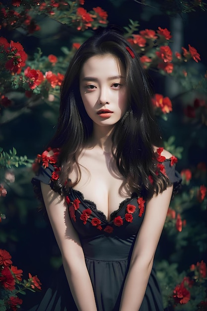 긴 머리를 가진 아름답고 섹시한 아시아 모델이 꽃밭에 있습니다.