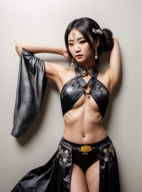 Beautiful sexy Chinese woman wearing a leather dress