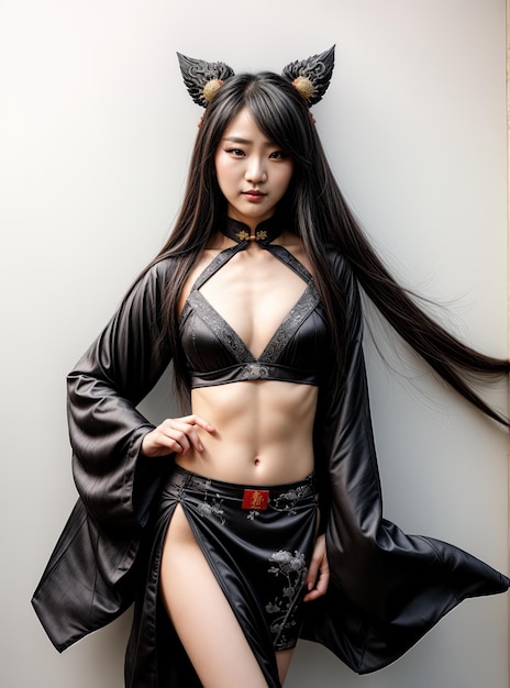 Beautiful sexy Chinese woman wearing a leather dress