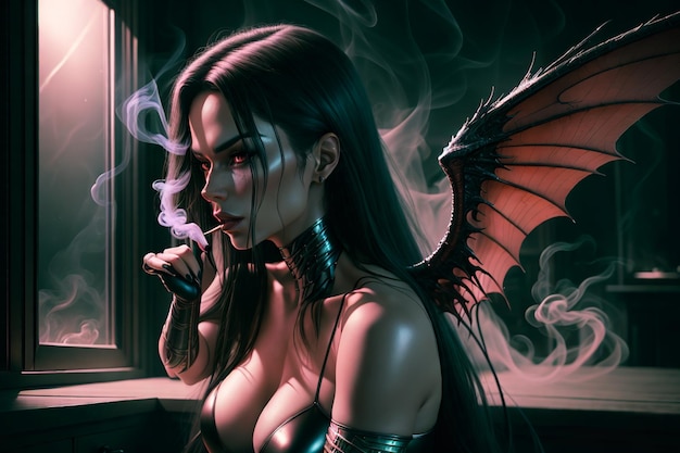 Photo beautiful sexy demon girl with wings