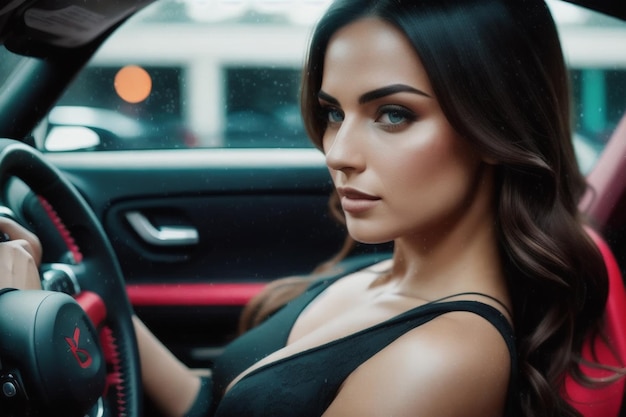 beautiful sexy girl in black and white dress with a car