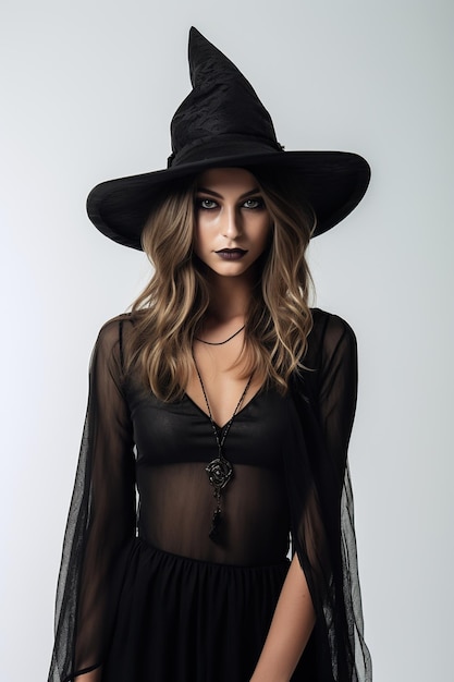 Красивая сексуальная девушка в черной шляпе ведьмы Хэллоуин