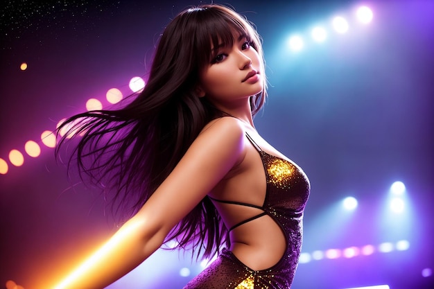 Beautiful sexy girl in a tight shiny dress in a nightclub Generative AI