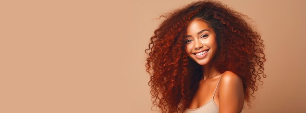 Beautiful sexy happy smiling darkskinned African American woman with perfect skin and red hair on a