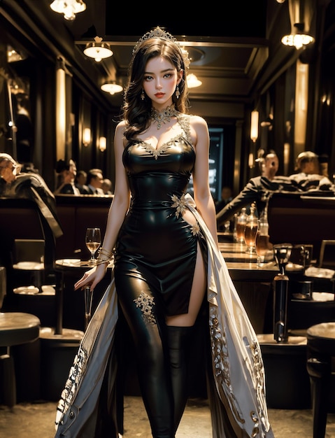 Beautiful sexy lady in elegant dress posing in luxury casino Fashion shot