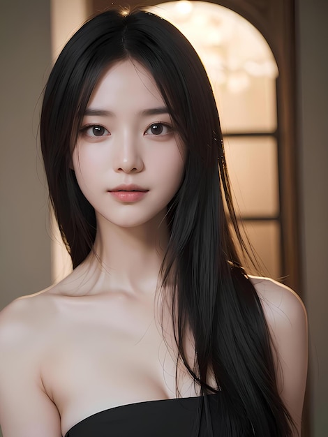 A beautiful and sexy model with long hair is standing