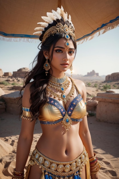伝統的な部族衣装を着た美しいセクシーなネイティブ アメリカンの女性