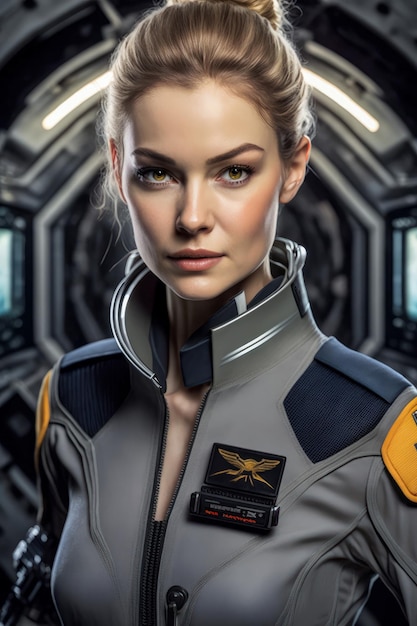 Beautiful and sexy woman astronaut in a spacesuit on a spaceship Generative AI