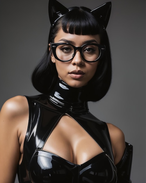 Beautiful sexy woman in black latex catsuit ai generative