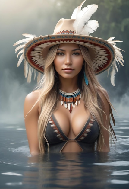 Beautiful sexy woman in a straw hat with feathers in the water