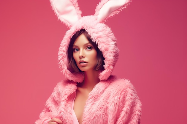 Beautiful sexy woman wearing a Easter bunny costume pajama on pink background